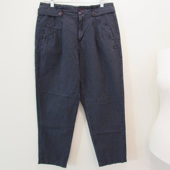 Sundance 'Vie De Reve' Cotton/Linen Navy Check High Rise Paperbag Ankle Pants 8 - Picture 7 of 16
